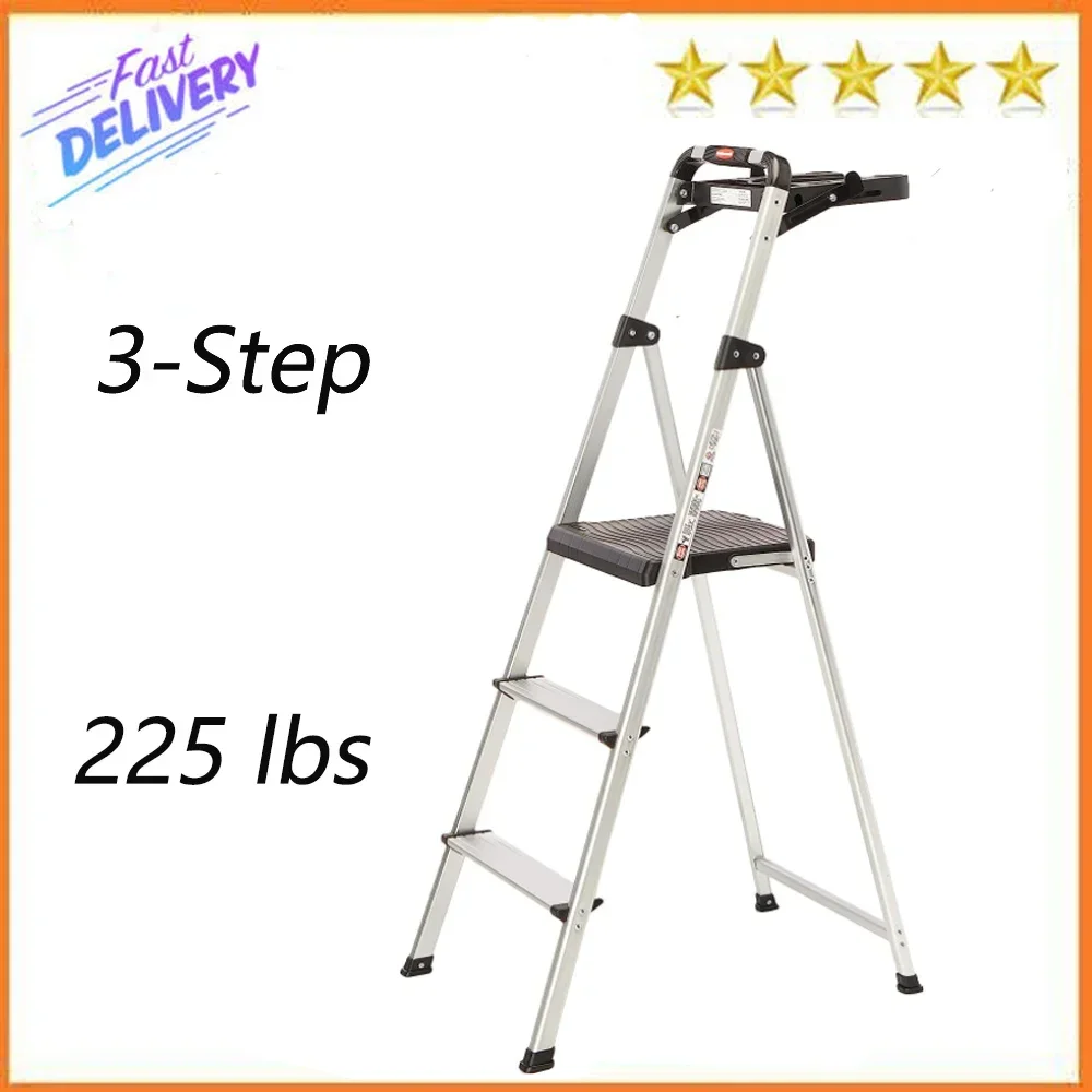 

Rubbermaid RM-SLA3-T 3-Step Lightweight Aluminum Folding Step Ladder with Project Tray, 225 lb Capacity, Gray