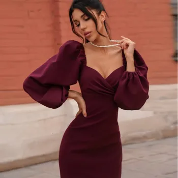 V-Neck Puff Sleeves Bodycon Dress