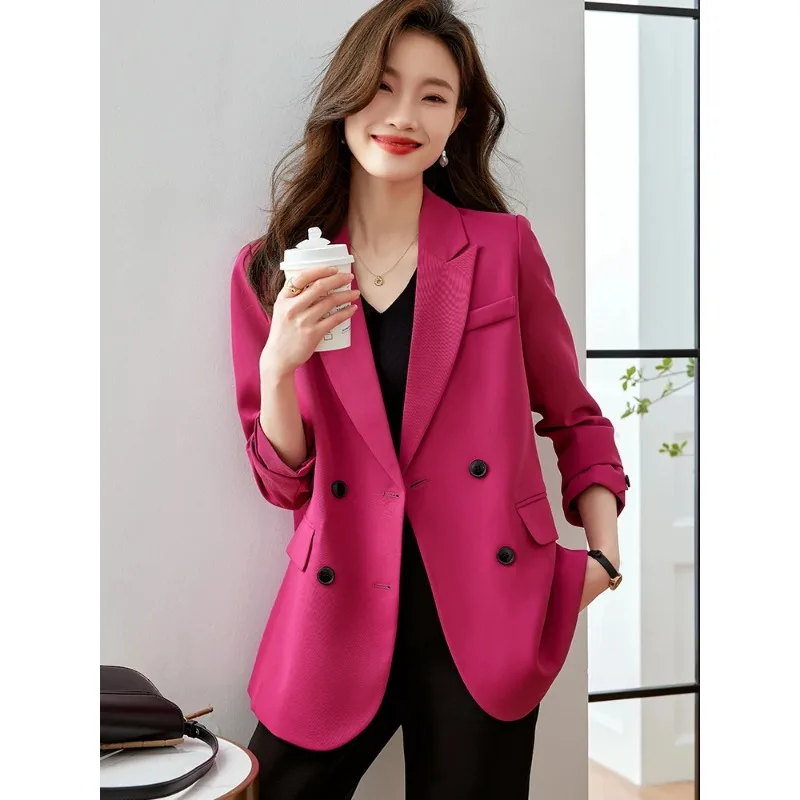 

Pink Women Suit Blazer Coat Office Ladies Fashion Long Sleeve Double Breasted Cotton Female Jacket For Autumn Spring