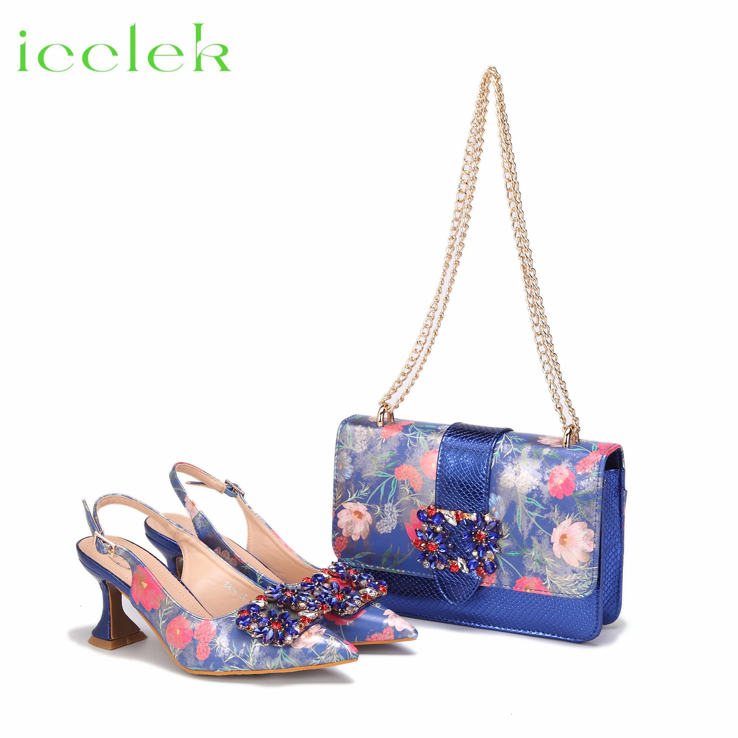 Women High Heels Sandals Printing Flower Material with Rhinestone Italian Design Coffee Color Pointed Toe Shoes and Bags Set