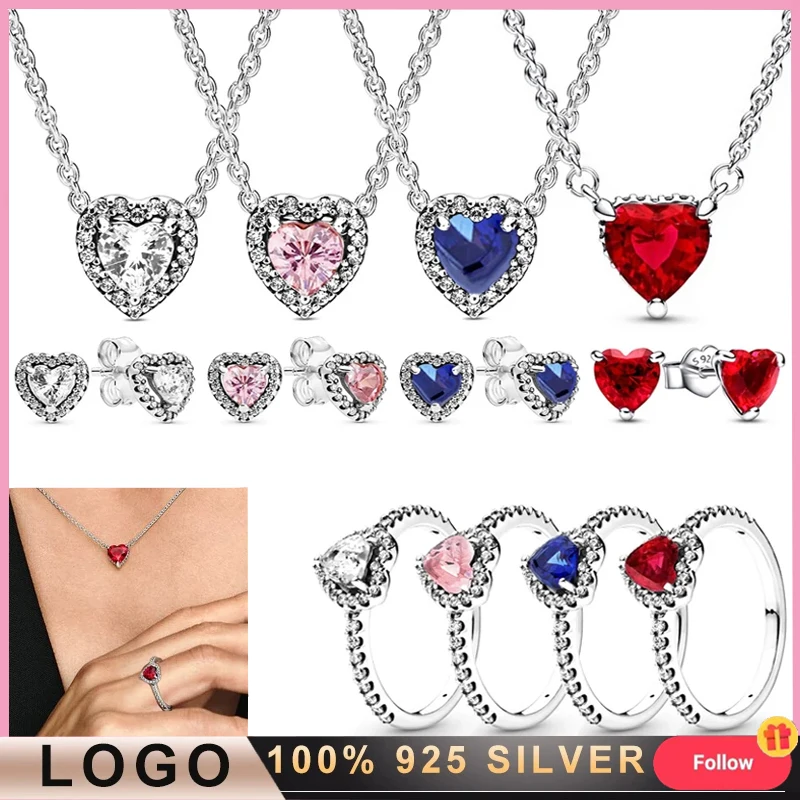New Women's Heart shaped Earrings Original Logo Love Necklace Original Logo Heart shaped Ring 925 Silver DIY Charm Jewelry Gift
