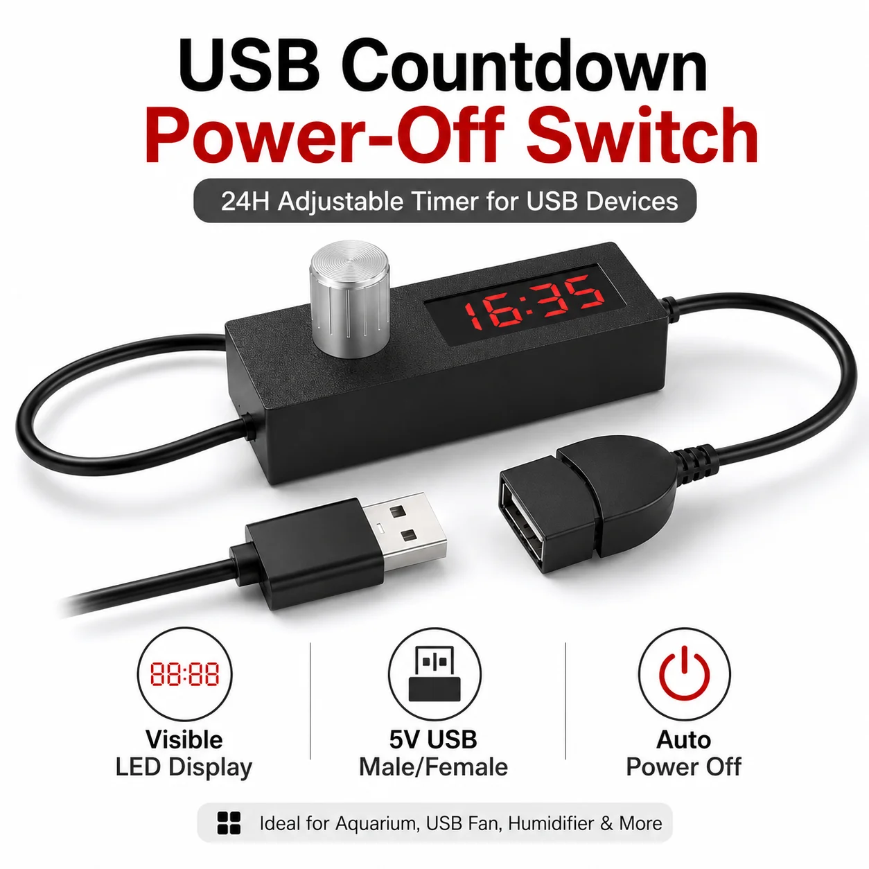 USB Adjustable 24H Countdown Timer Power Off Switch Controller Cable
