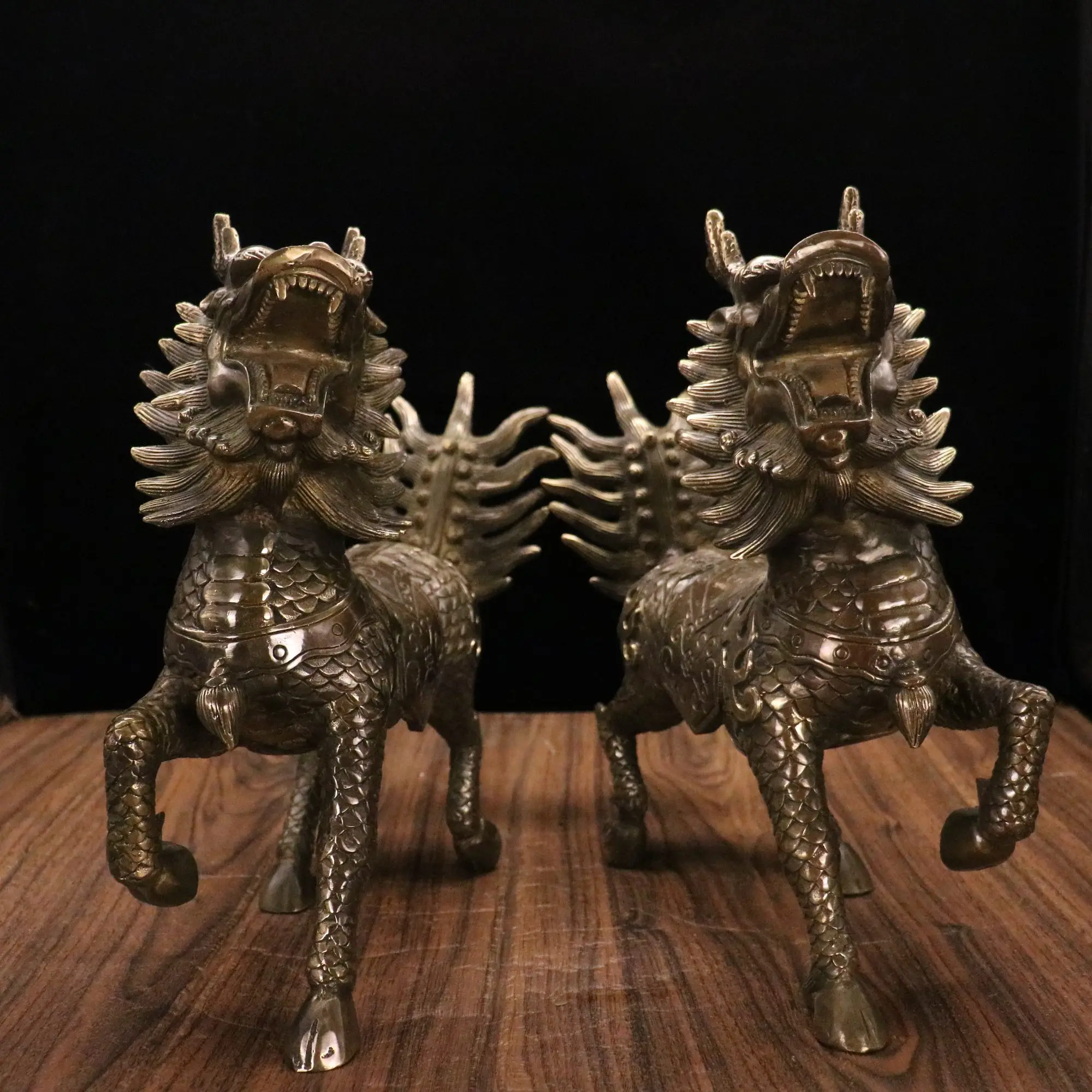 

12"Tibetan Temple Collection Old Brass Patina Kirin Unicorn Statue A pair Gather fortune ornament Town house Exorcism