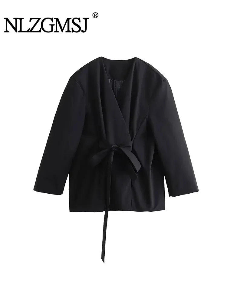 

Nlzgmsj TRAF Nylon Kimono Blazer For Women Black Casual Wrap Tied Coat Female Vintage Jackets Loose Streetwear Blazer