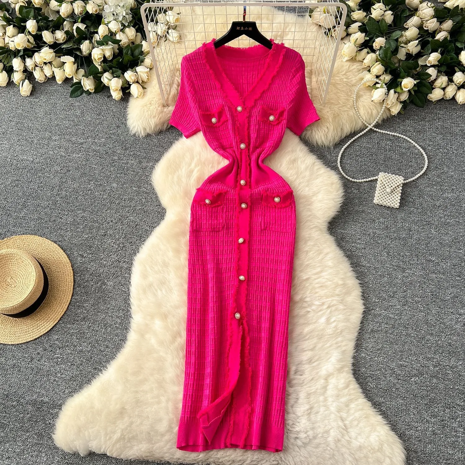 Wmstar Women Dresses 2025 Wholesale Elegant  V-neck Metal Single Breasted Knitted Dress Flattering  Hip Hugging Maxi Dress