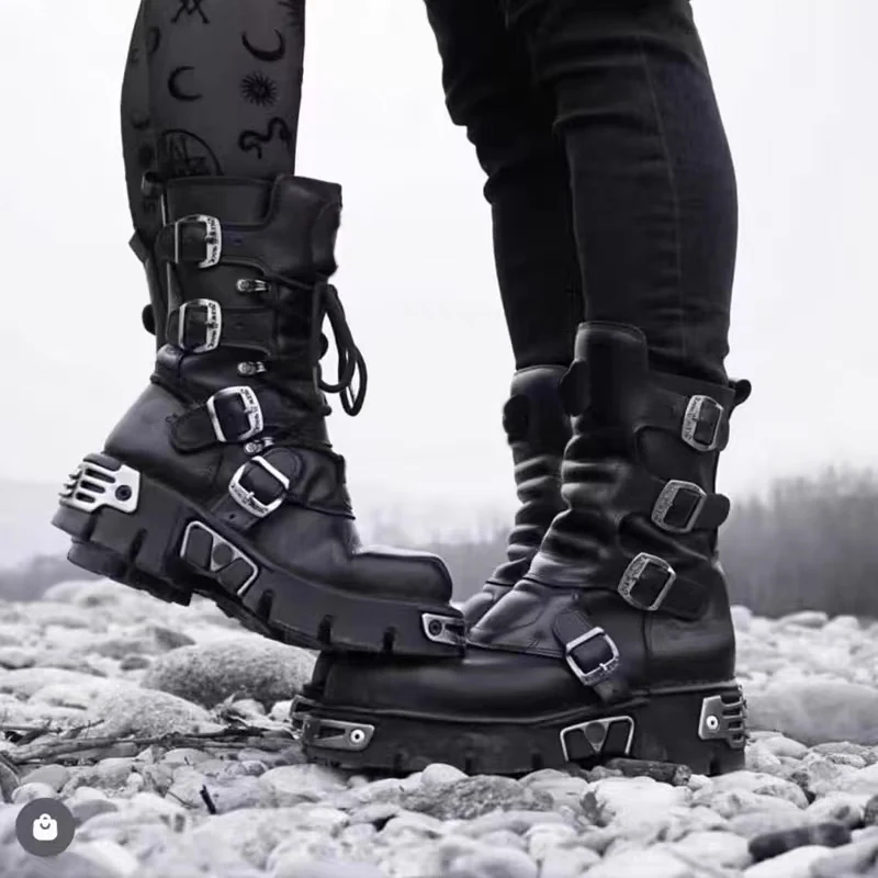 Chaussures Moto Homme Bottes Moto Punk DJFOG Cuir Synthétique