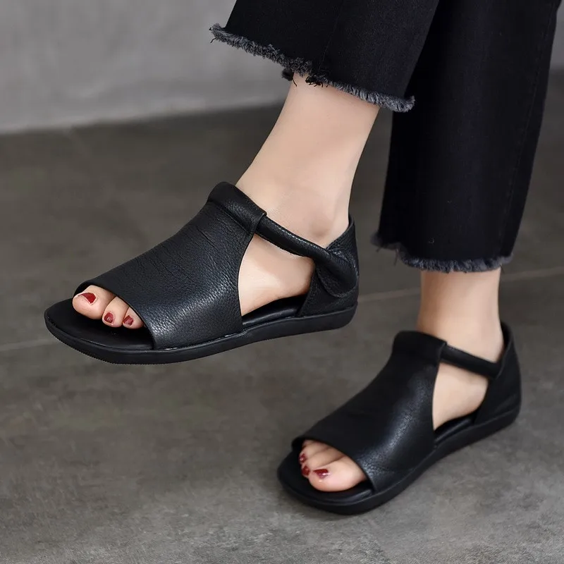 Johnature Peep Toe Flat Sandals Summer New Retro Genuine Leather Comfortable Soft Sole Versatile Women's Shoes women sandals