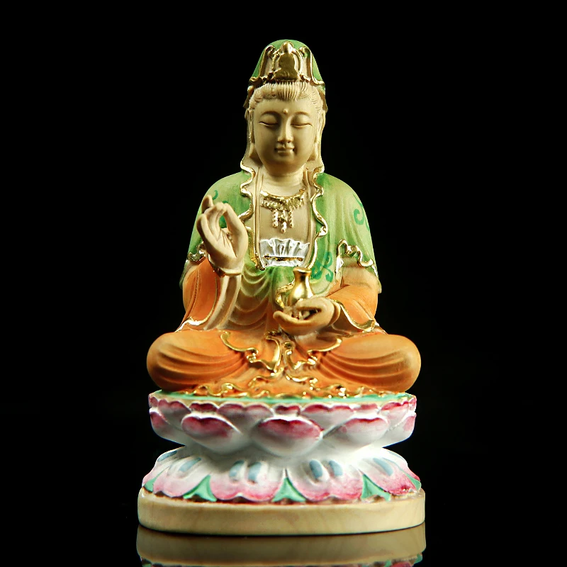 

10 см окрашенные маленькие фигурки Гуаньинь Бодхисаттва деревянная статуя Будда бокс украшение для дома фэн-шуй украшения для лодки