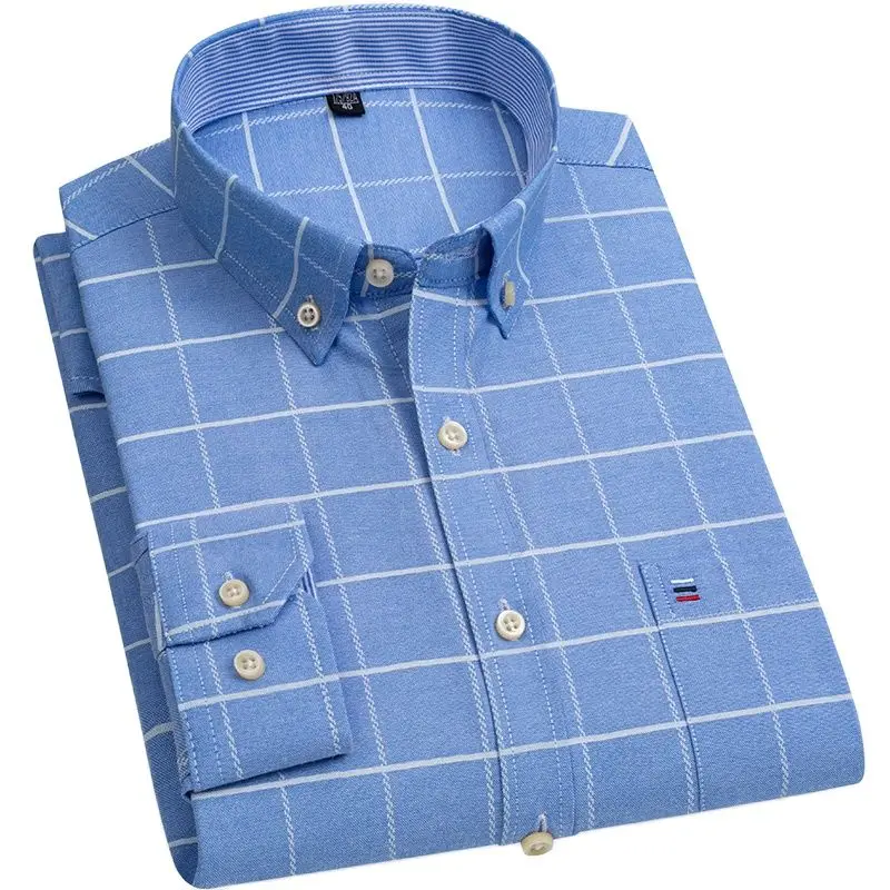 Cotton Shirt Long Sleeve Shirt Men Casual Shirt Men's 100% Cotton Regular-Fit Long-Sleeve Pocket Oxford Shirt Button Down Casual Dress Shirt