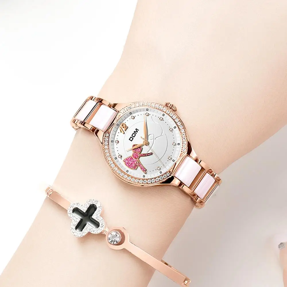 DOM Top Luxury Brand Ladies Quartz Watch Bracelet Ceramic Strap  Dress Geneva Quartz Clock Rose Gold Bow Luxury Ladies Watch