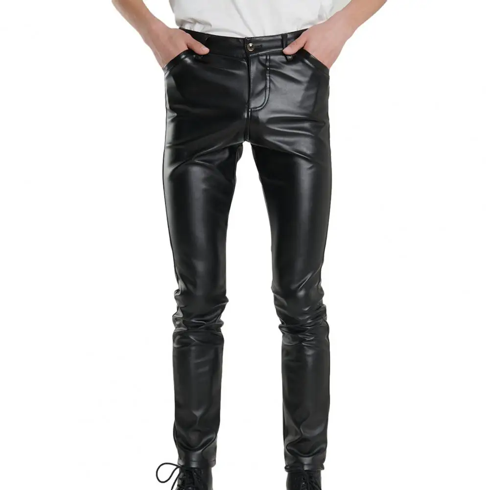 Black High-waisted Leather Pants Men's Fashion Rock Style Slim Fit Pants Soft Breathable Mid Waist Trousers for Motocycle 4