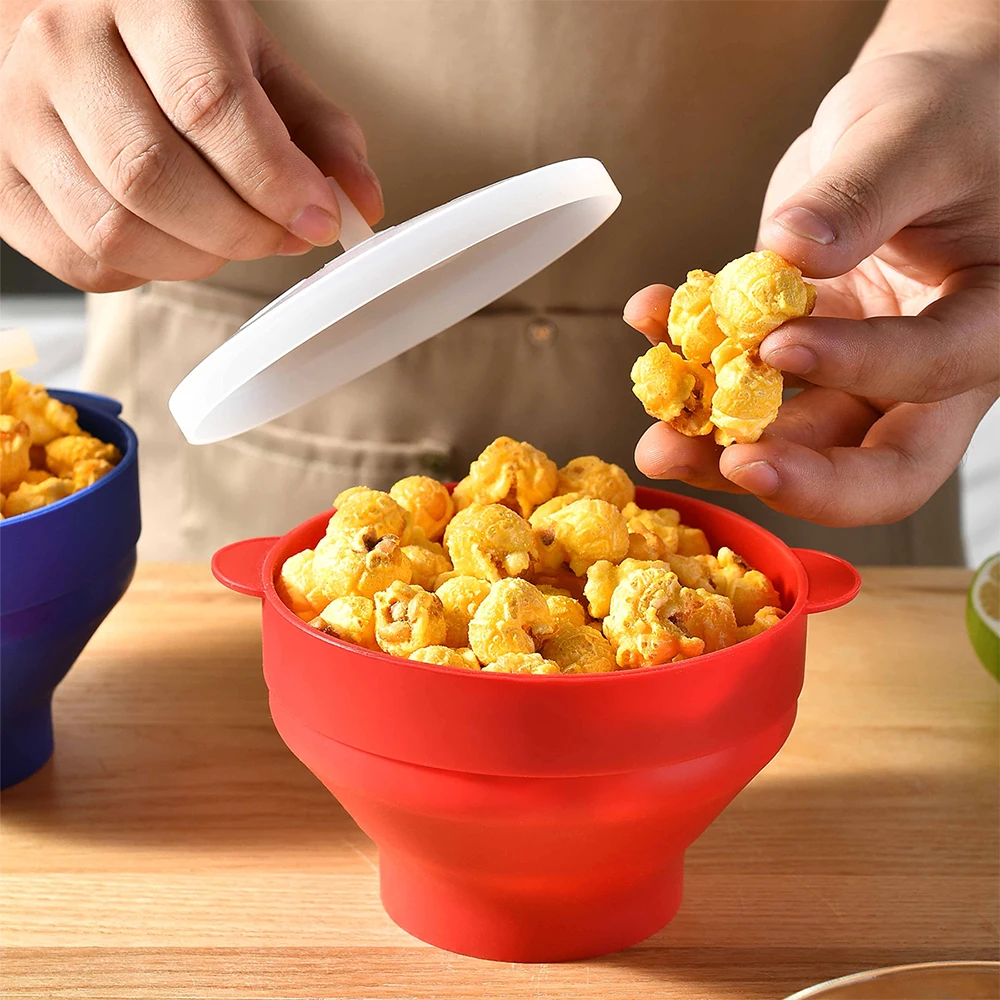 Microwave Popcorn Bowl Bucket Silicone DIY Popcorn Maker with Lid Chips Fruit Dish Kitchen Tools 1/3Pcs