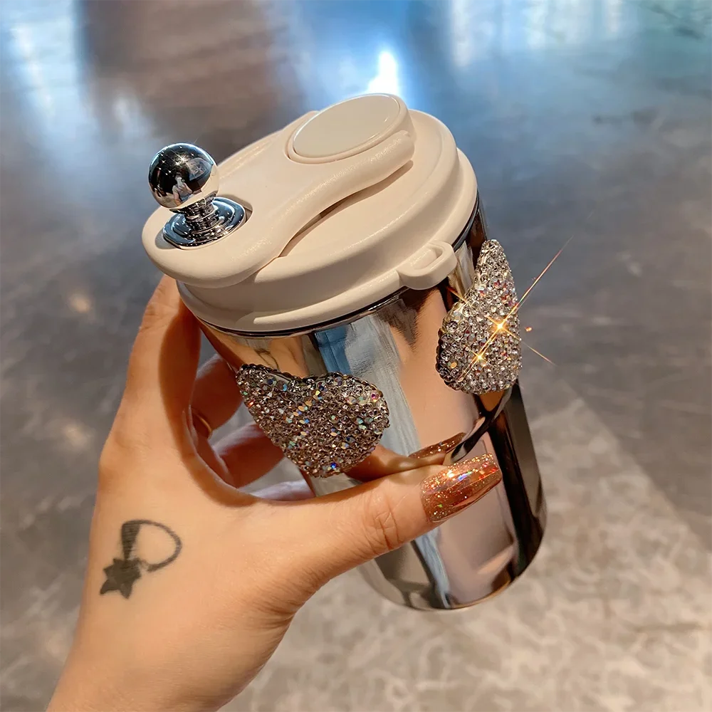 Vaso Fiesta Cristal Forma Oveja Vaso De Diamantes De Imitación Con Tapa Y Pajita Para Café, Vaso De Acero Inoxidable Con Aislamiento Al Vacío, 20oz Vaso Brillante 500ml Tapa Pajita Aislante Regalo