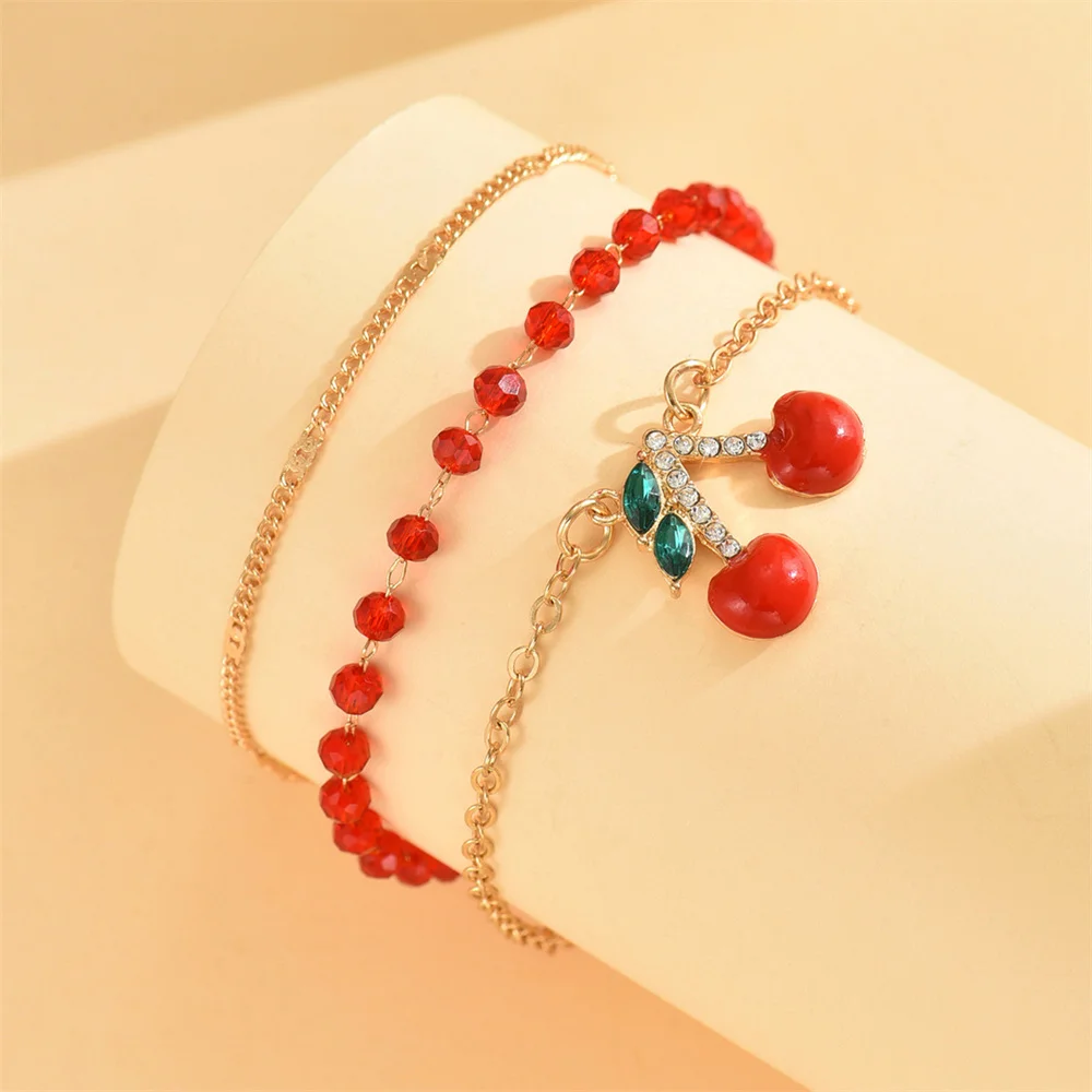 Cute Cherry Pendant Red Rice Beads Anklets For Women Charm Gold Color Foot Chain Ankle Bracelet Beach Jewelry Summer Accessories