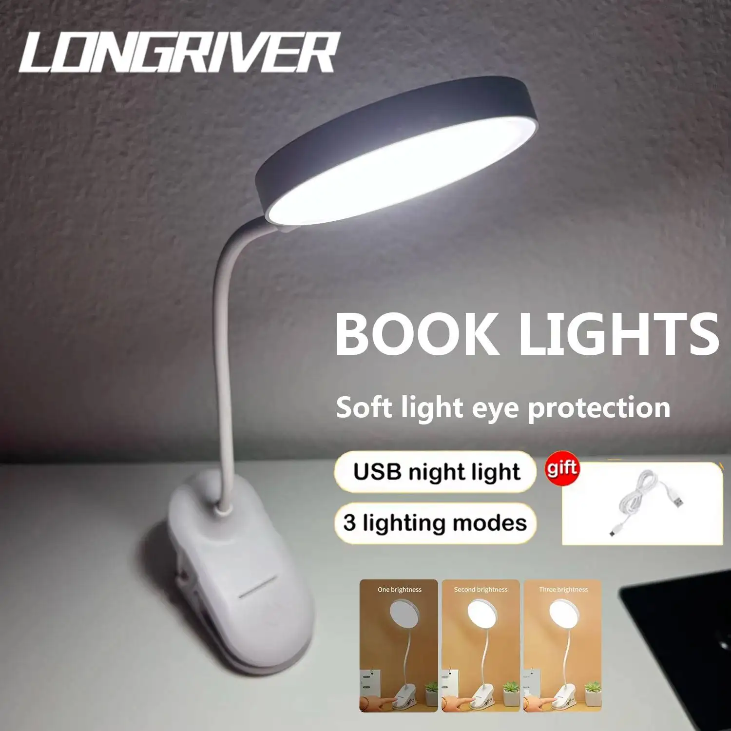 LONGRIVER USB Rechargeable Table Lamp with Clip, Bed Lamp, Reading Night Light, LED Touch, 3 Dimming Mode, Eye Protection