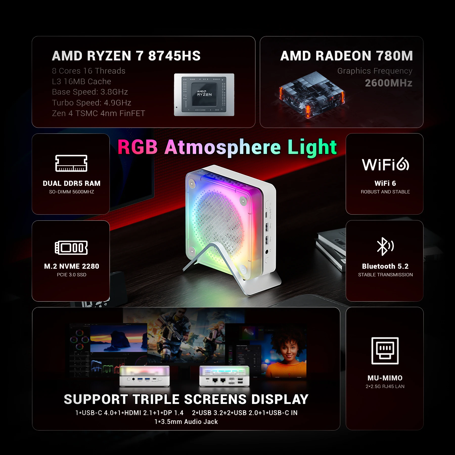 FIREBAT MN56 MINI PC AMD R7-8745HS Mini PC Windows11 DDR5 16GB +