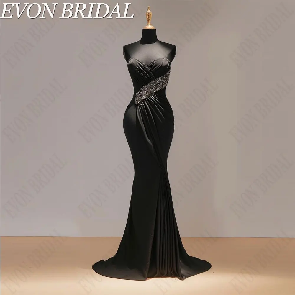 

EVON BRIDAL Strapless Sequined Mermaid Prom Party Gowns Black Satin Backless Evening Dresses Sleeveless vestidos de gala 2024
