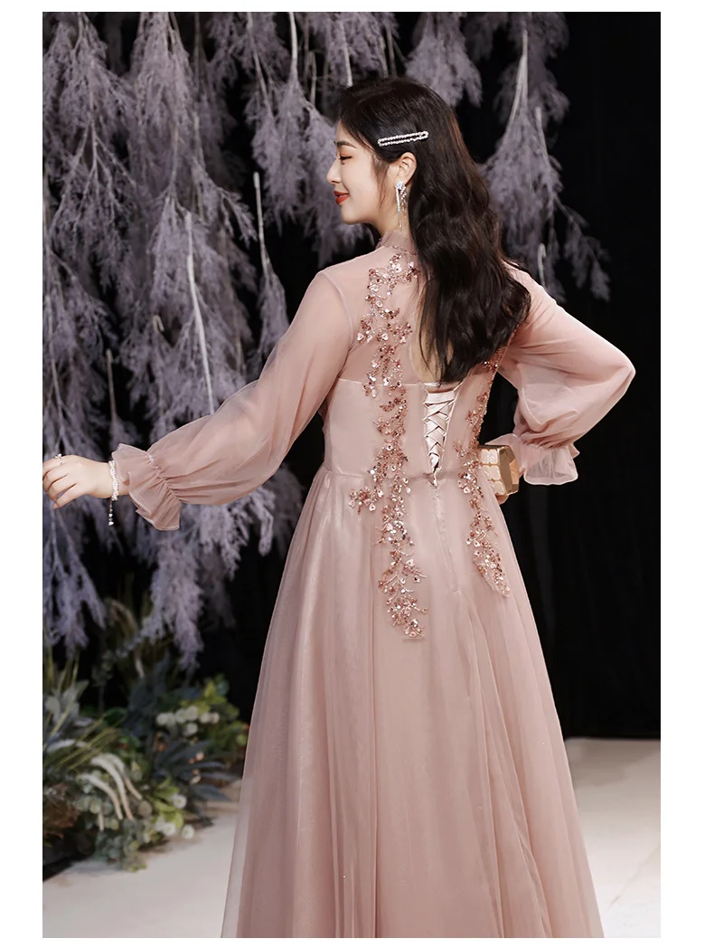 long sleeve maxi dress formal Evening Dresses For Women Elegant O-Neck A-Line Floor-Length Tulle Long Sleeve Prom Gowns With Appliques long sleeve maxi dress formal