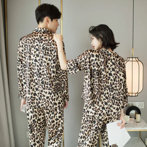 같은 스타일 남성 여성 레오파드 잠옷 옷깃 잠옷 연인 홈 의류 Nightwear 셔츠 바지 아이스 실크 커플 2Pcs 5