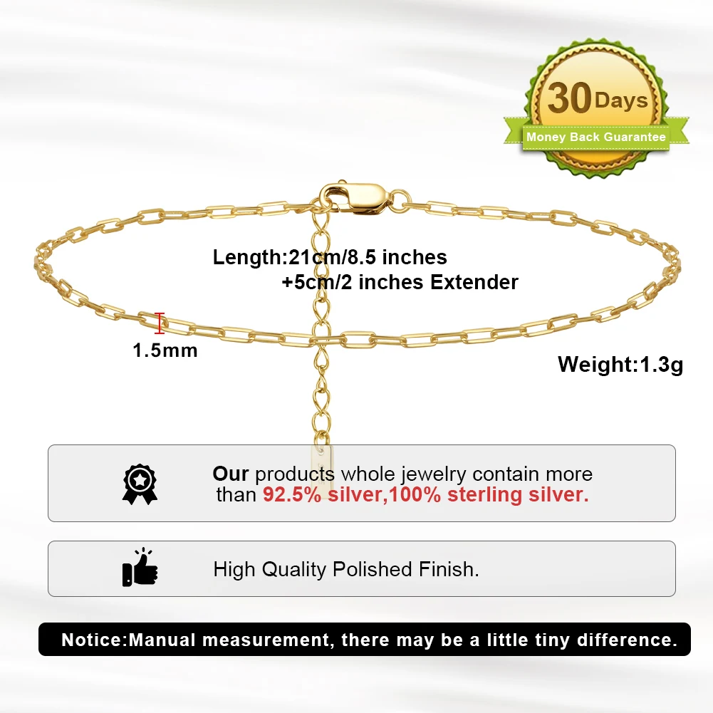 Silver Anklets 925 Sterling Silver 1.8*4.2mm Paperclip Chain Women Summer Foot Chain Bracelet