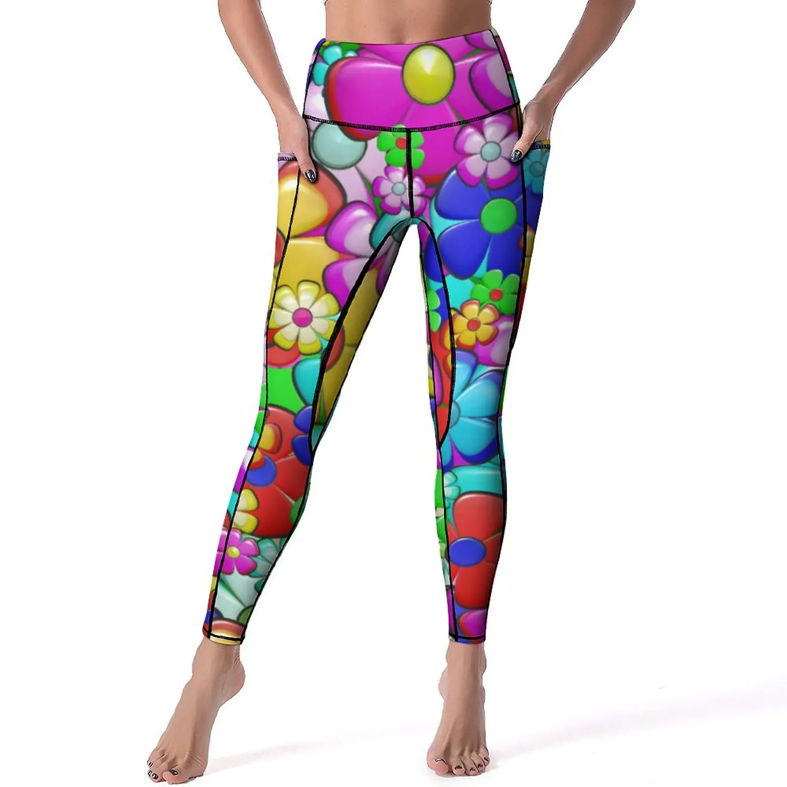 

Hippy Flowers Print Leggings Sexy Retro Modern Art Work Out Yoga Pants Push Up Sports Tights With Pockets Fashion Design Leggins