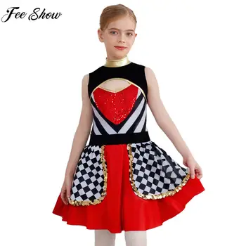 Teen Girls Wonderland Red Heart Queen Cosplay Dress Sleeveless Sequins Mesh Tutu Leotard Halloween Carnival Performance Costume 1