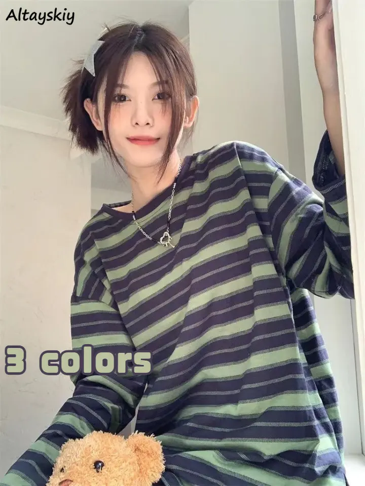 thumbnail image 2 of Women's Striped Long Sleeve Shirt - Color Block Baseball Tee Loose Fit 2 of 10