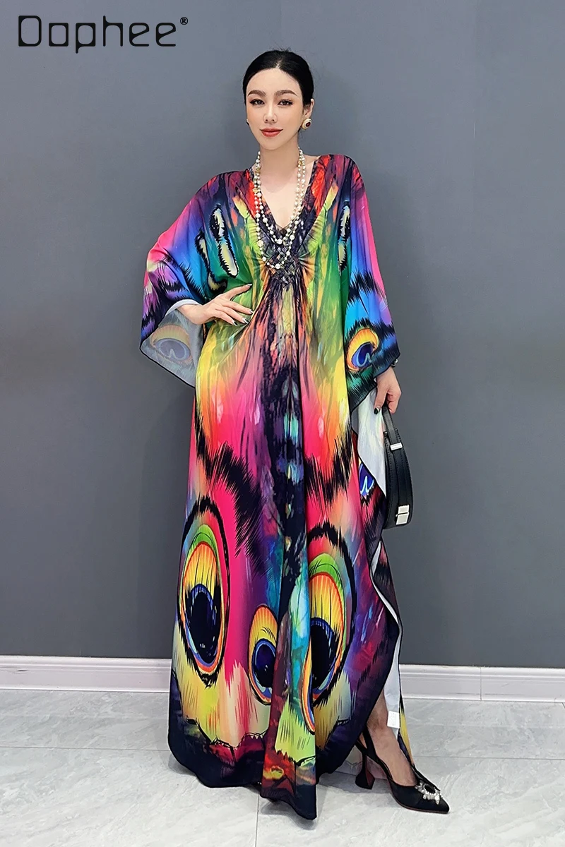

Butterfly Print Loose Straight Batwing Sleeve Women Dress 2024 Summer New Fashion Casual V Neck Floral Maxi Dresses for Women