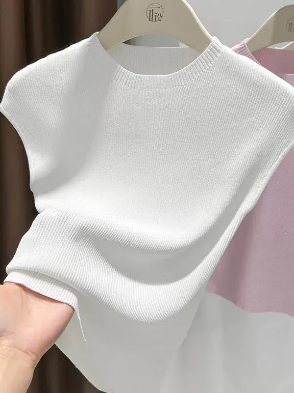 White Knitted Sleeveless Strap Vest Women's Summer Slimming Versatile Thin Base Layer Trendy Top Quality Short Pure Color