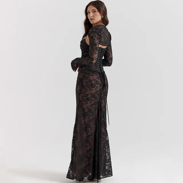 Cryptographic Elegant Vintage Hollow Out Lace Maxi Dress Long 