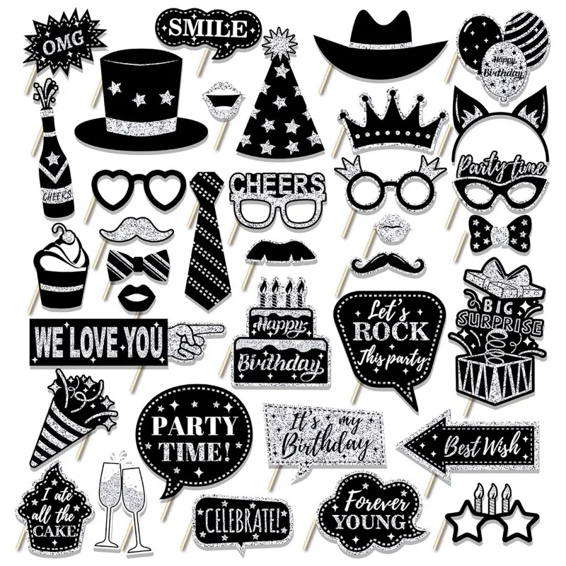 2025 Happy New Year Black Gold Black Silver Paper Handheld Party Photography Supplies Decorations Photobooth Selfie Prop 36PCS