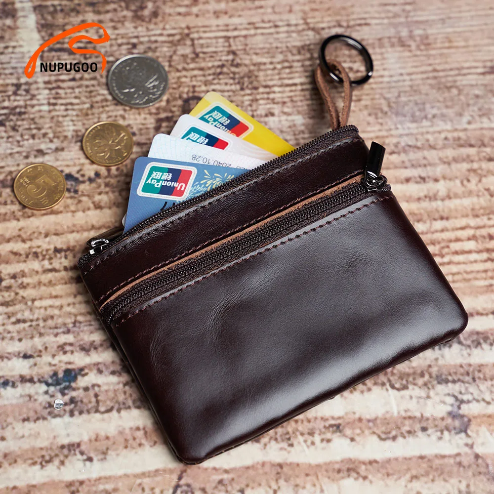 Vintage Brown Genuine Leather Mini Coin Purse with Zipper Pocket by NUPUGOO