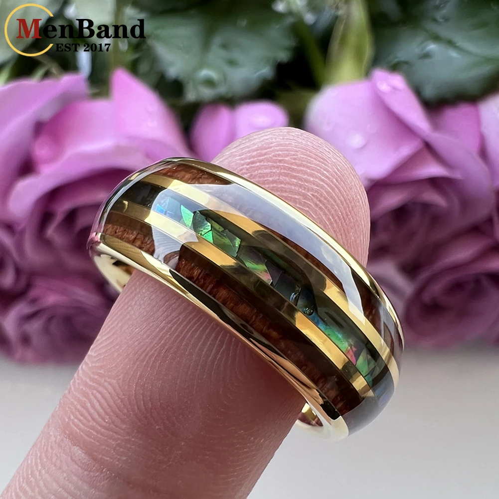 MenBand Fashion 8MM Men Women Black Tungsten Carbide Wedding Ring Abalone Shell And Koa Wood Inlay Domed Polishing Comfort Fit