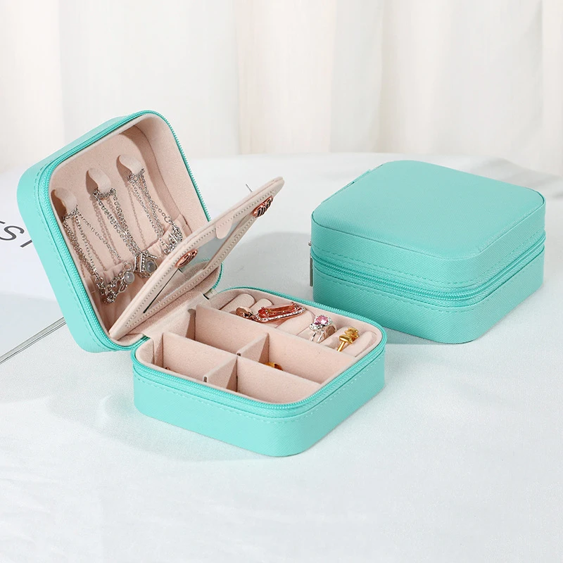Portable PU Leather Travel Jewelry Case with Mirror and Zippered Organizer