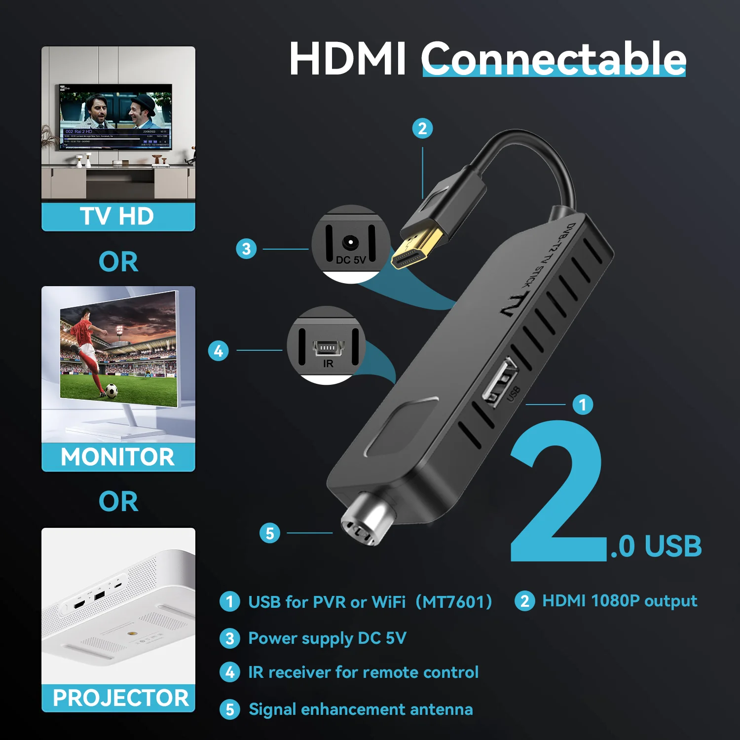 Digital TV Decoder DVB T2 DVB C HEVC H.265 TV Tuner Stick FTA T2 Box Dolby For Italy Poland