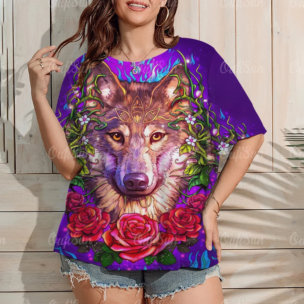 

New Women's T-Shirt, Painted Printed Wolf Element Summer Short-Sleeved Pullover Casual Wear Y2k Retro Top Street T-Shirt