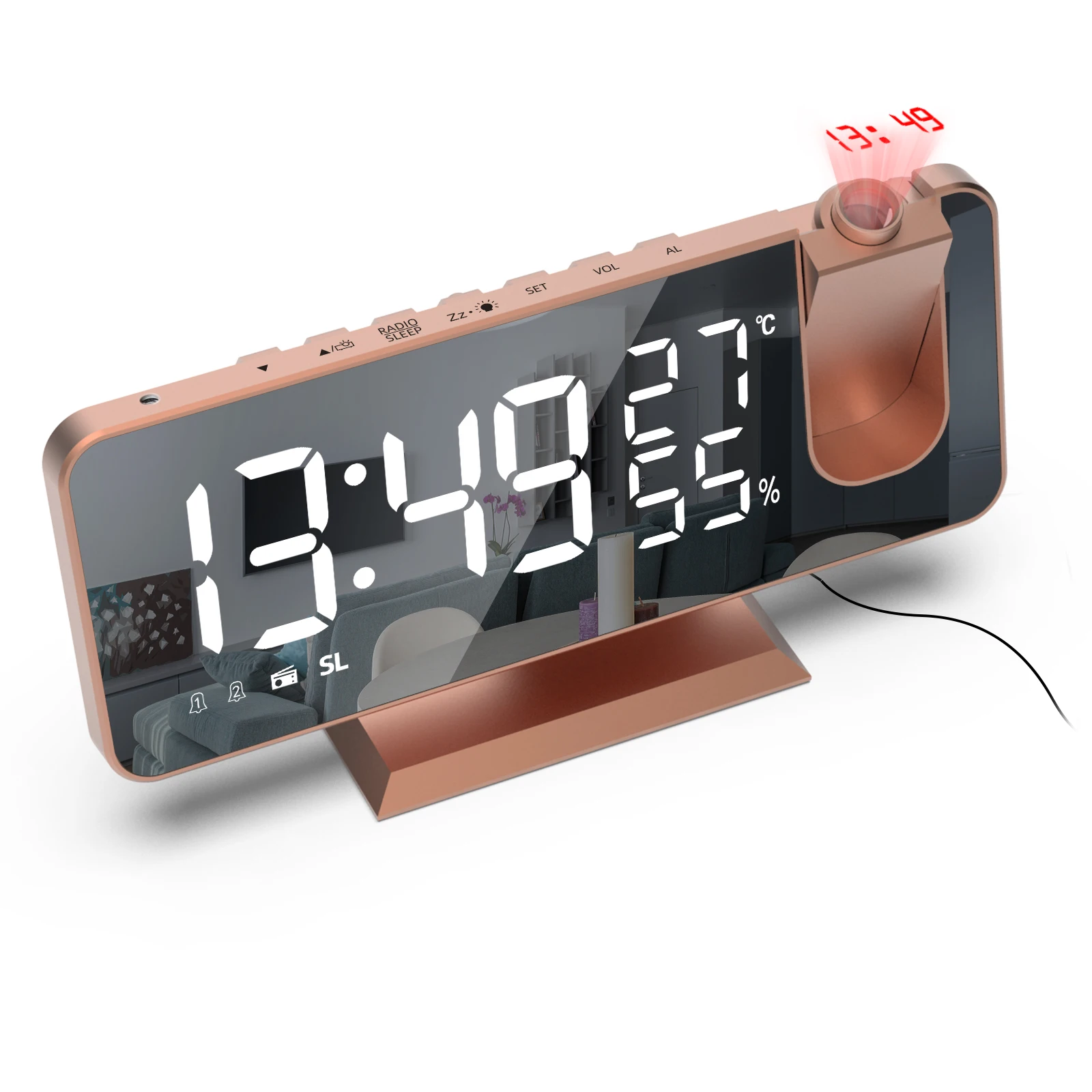 Projection Alarm Clock With 180° Projection Temperaturer USB Charging