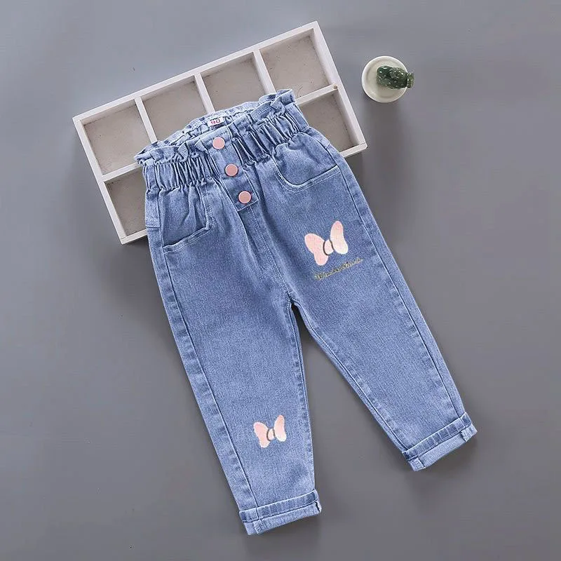 Girls Blue Denim Jeans with Cherry Flower Embroidery