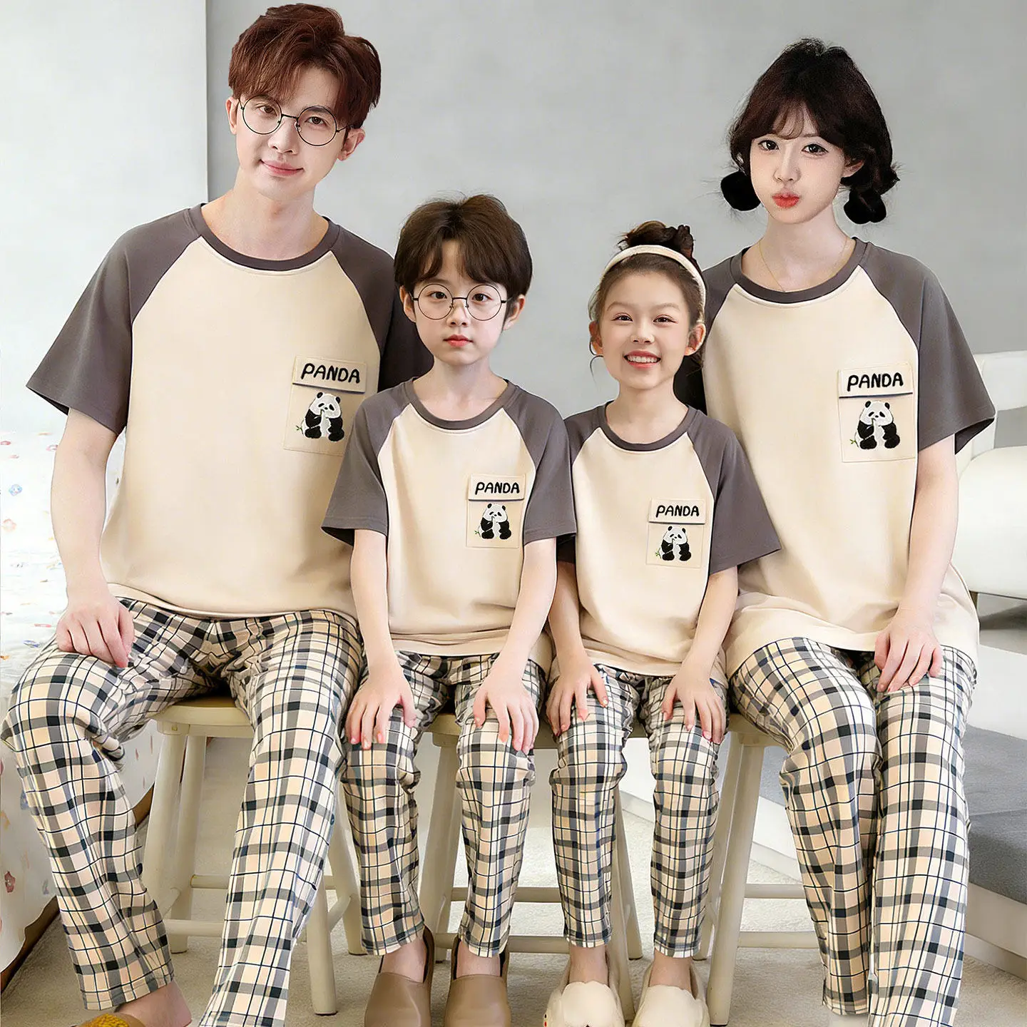 가족 매칭 잠옷 순면 플러스 사이즈 홈웨어 반팔 긴바지 봄 여름 4인 풀세트