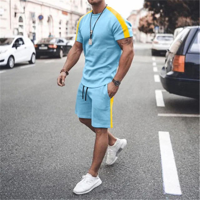 2022 New Summer Men's Suit Casual Beach Shorts Suit Sea View 3D Printing Short Suit Ordinary O-neck T-shirt 2-piece Set Oversize TS1283