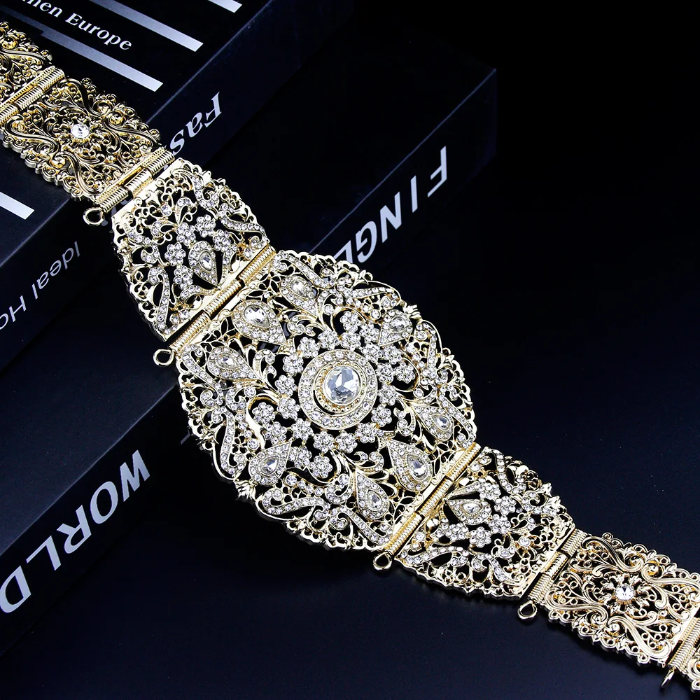 Sunspicems Breiter Marokko-Gürtel für Frauen, Kaftan, Kleid, Taillenkette, goldfarben, arabische Hochzeit, Körperschmuck, Kristallgürtel, Brautgeschenk – Detail 3