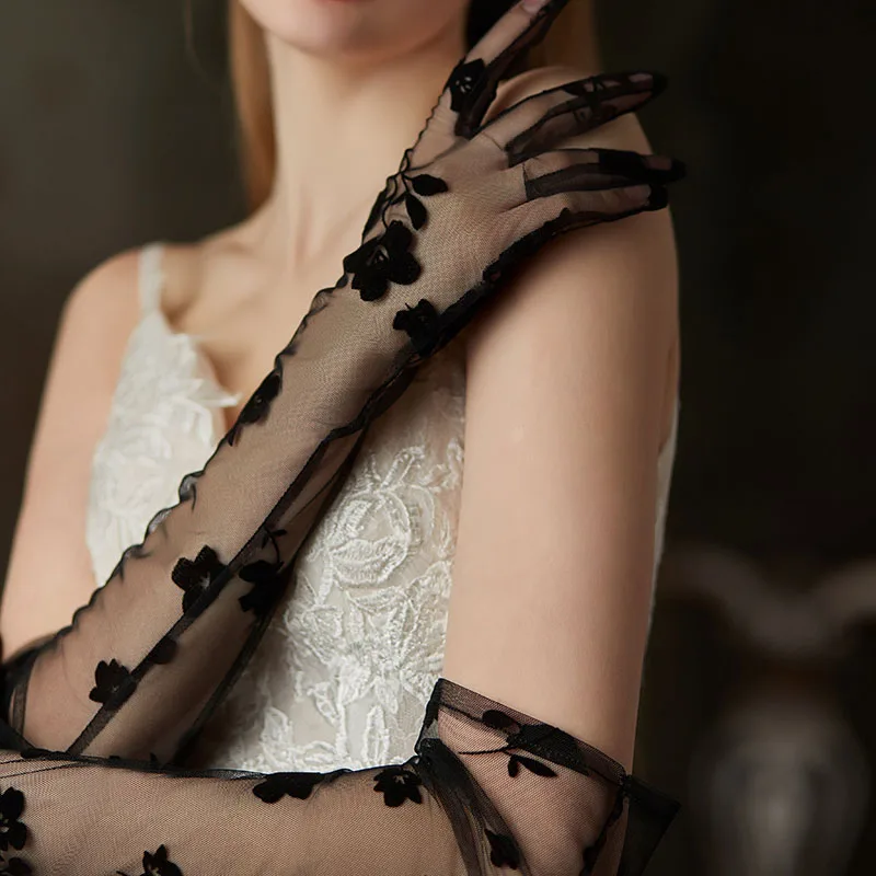 WG126 Elegant Bridal Long Gloves Soft Tulle Black Embroidered Flowers Finger Elbow Wedding Pageant Prom Gloves
