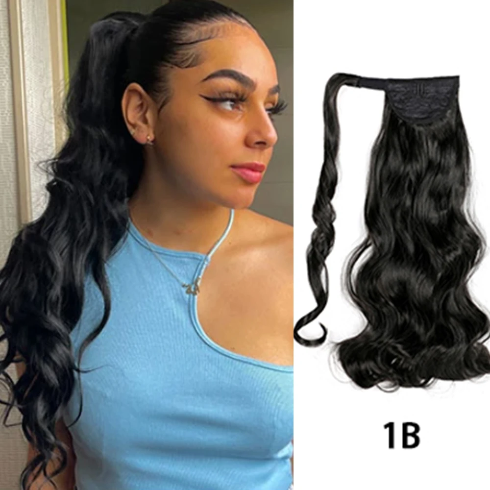 Ombre 18Inches Synthetic Ponytail Long Body Wavy Drawstring for Women Wave Hair Extension Clip in Hairpiece Black Fake Hair