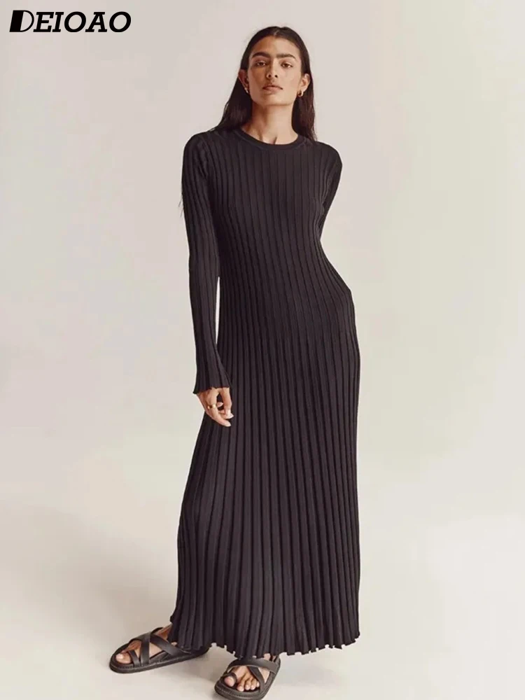 

Deioao Elegant Solid Ribbed Knitted Maxi Dress Women Slim O-neck Long Sleeve Up A-line Dresses 2023 Autumn Lady Streetwear Robe