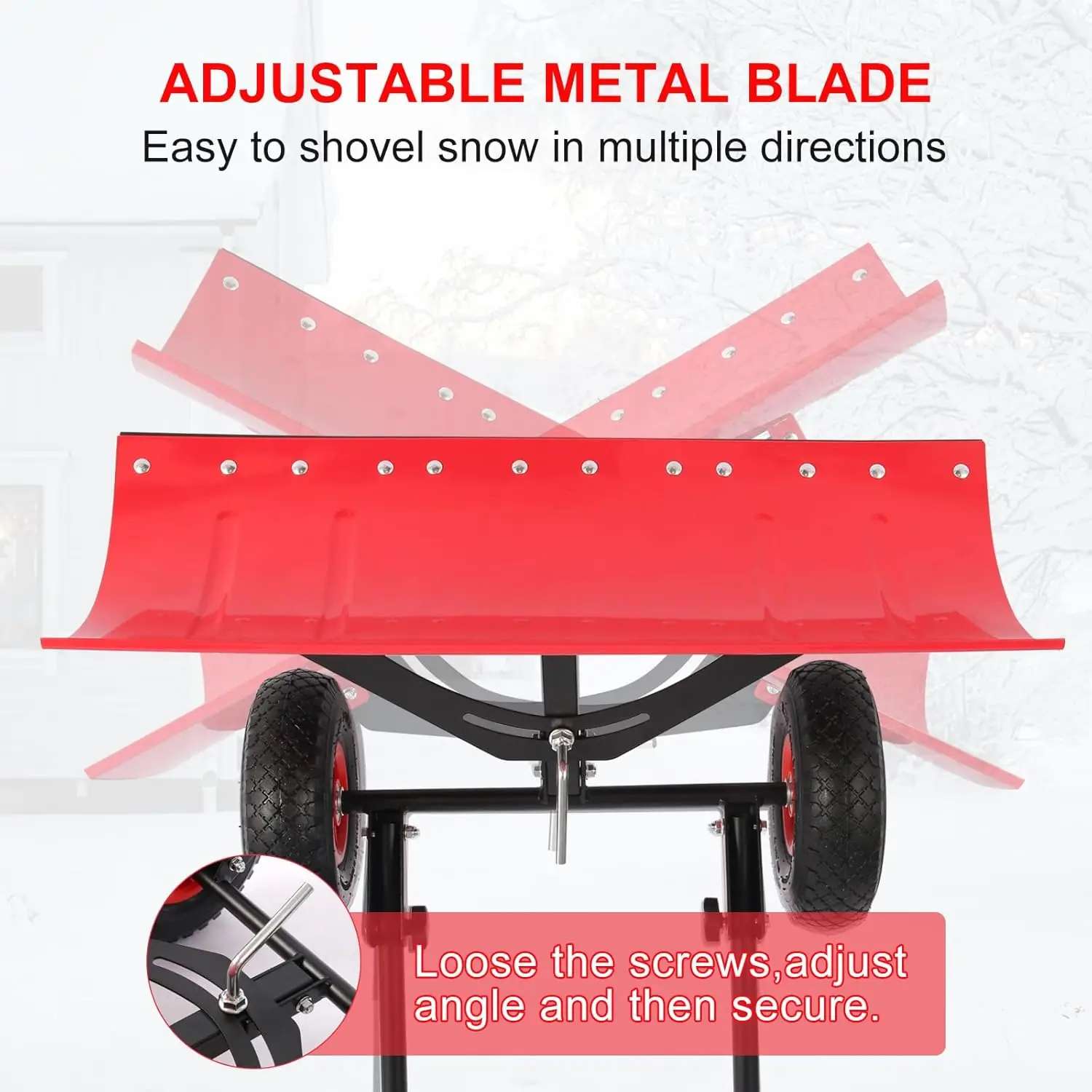 29" snow shovel with wider wheels,efficient snow removal tool,snow plow with adjustable handle and angled blade,snow pusher