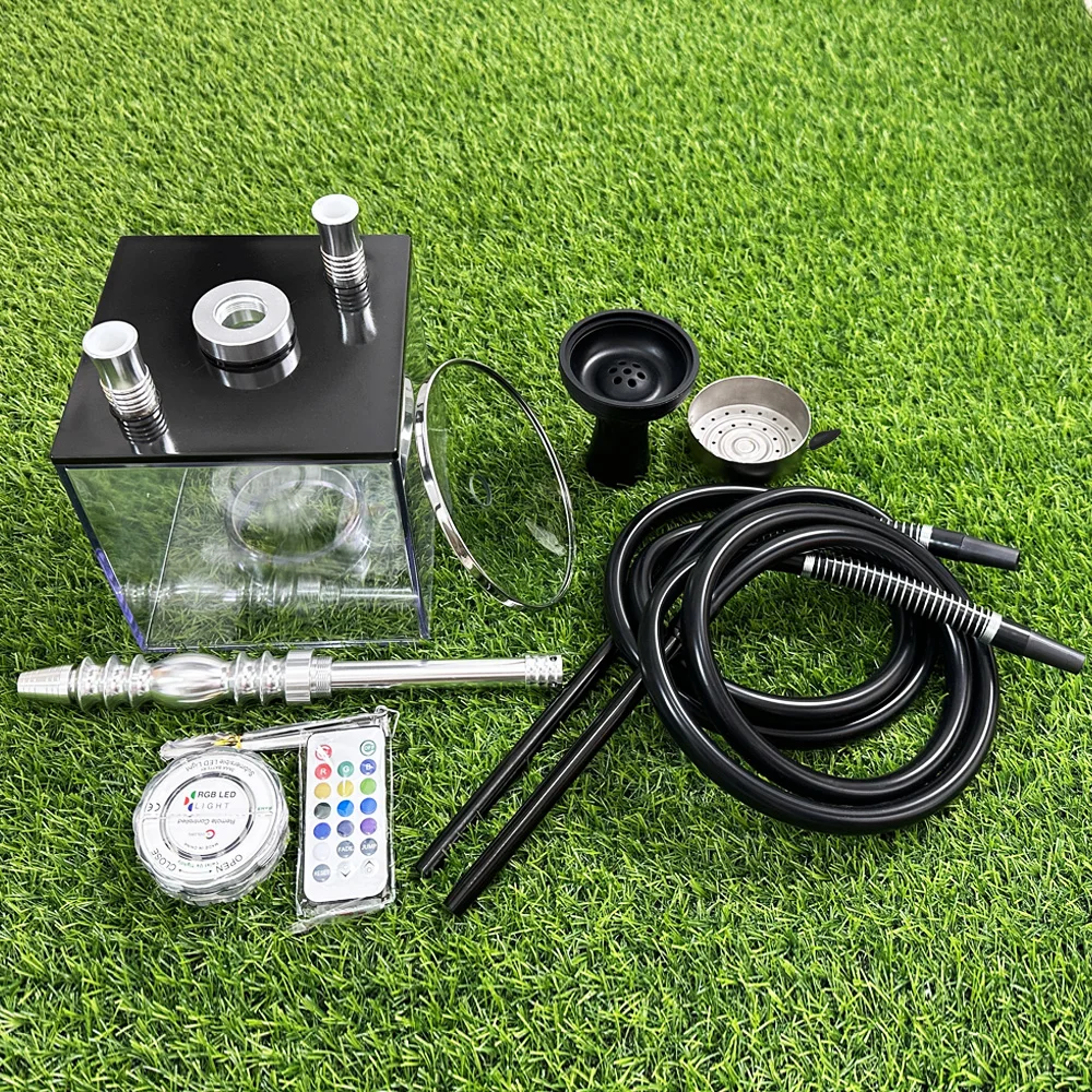 Acrylic Square Hookah Set 2 Hoses Shisha Box Complete with Nice RGB LED  Light Stainless steel Tobacco Heater Chicha Nargile 42cm