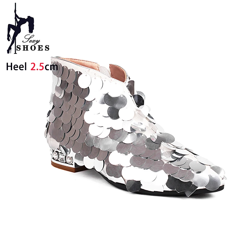 Womens Low Heel Ankle Boots Stage Show Bling Shiny Sequins High Heels Trend Glitter Party Shoes Ladies Pointed Toe Short Boots