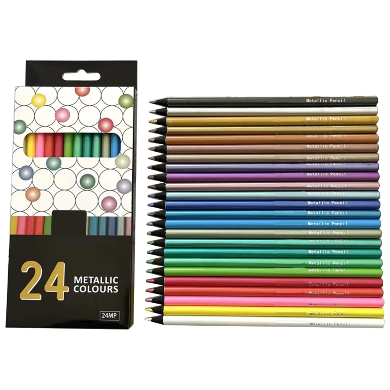 Metallic Colored Black Wooden Drawing Pencils 24 Assorted Colors Sketching Pencil Set Art Pencils for Coloring Art Craft