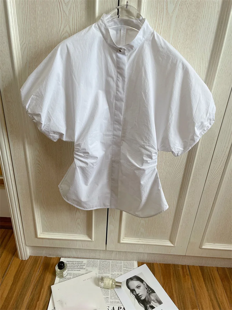 

2022 summer new shirts puff sleeve designer thin waist white cotton blouses for women
