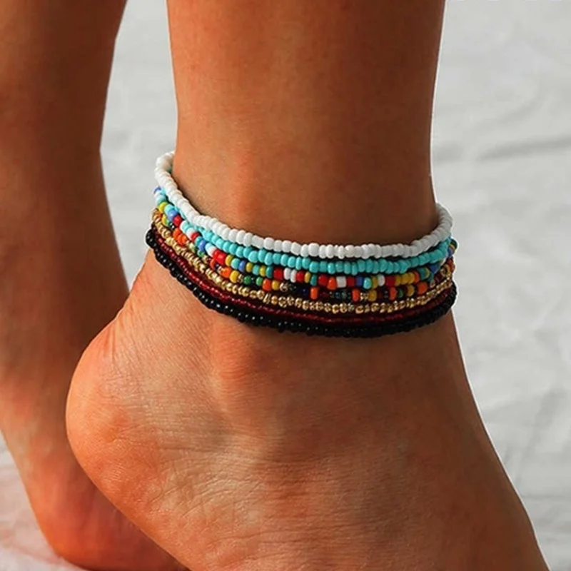 7PCS/Set Colorful Rice Beads Anklet Set Summer Beach Friendship Bracelets Handmade Boho Jewelry Gift for Friend Anklet